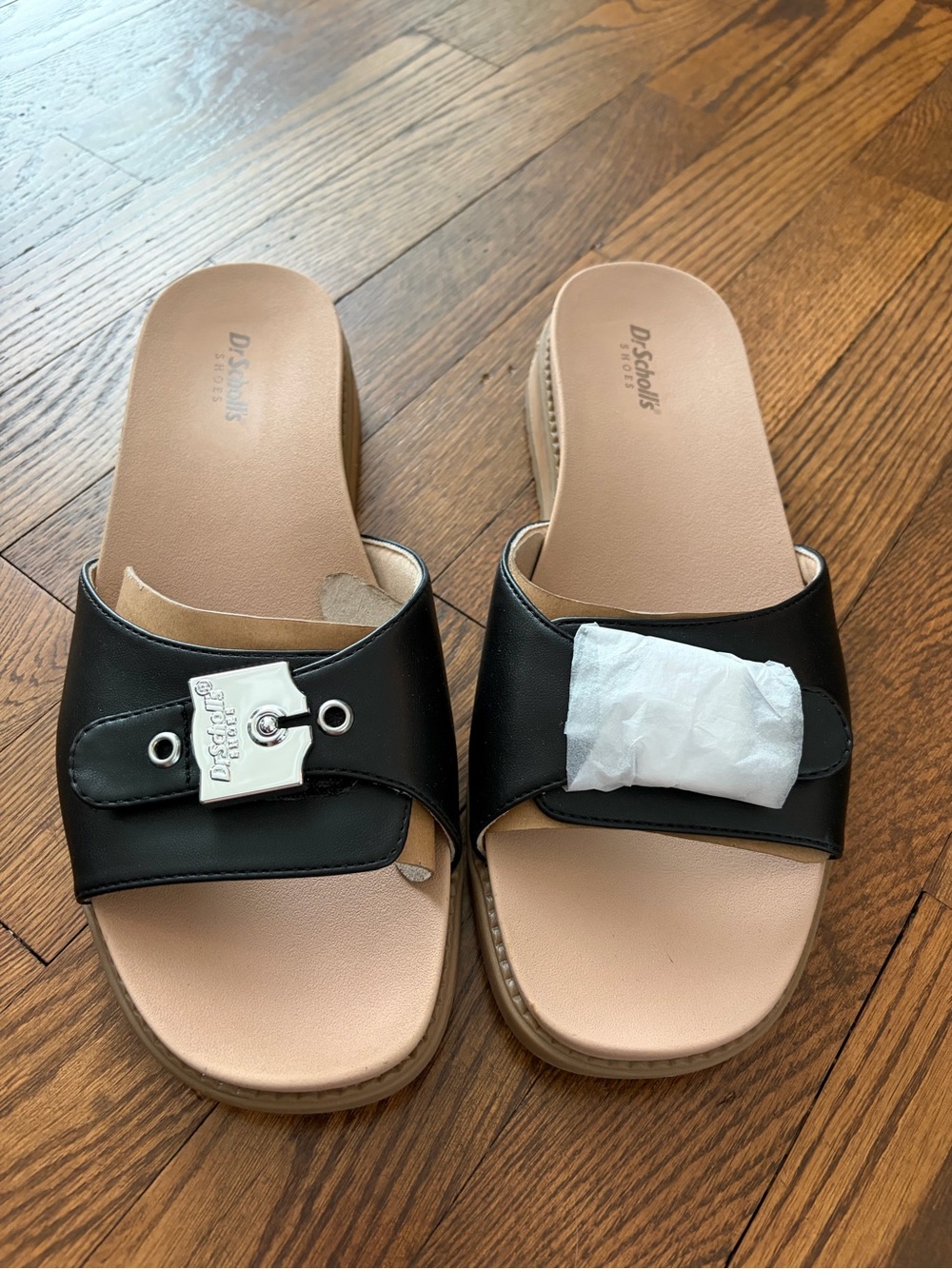 Dr. Scholl's Wide Strap Slip-on Sandals Black Tan Beige Buckle Size US 9.5 Wide